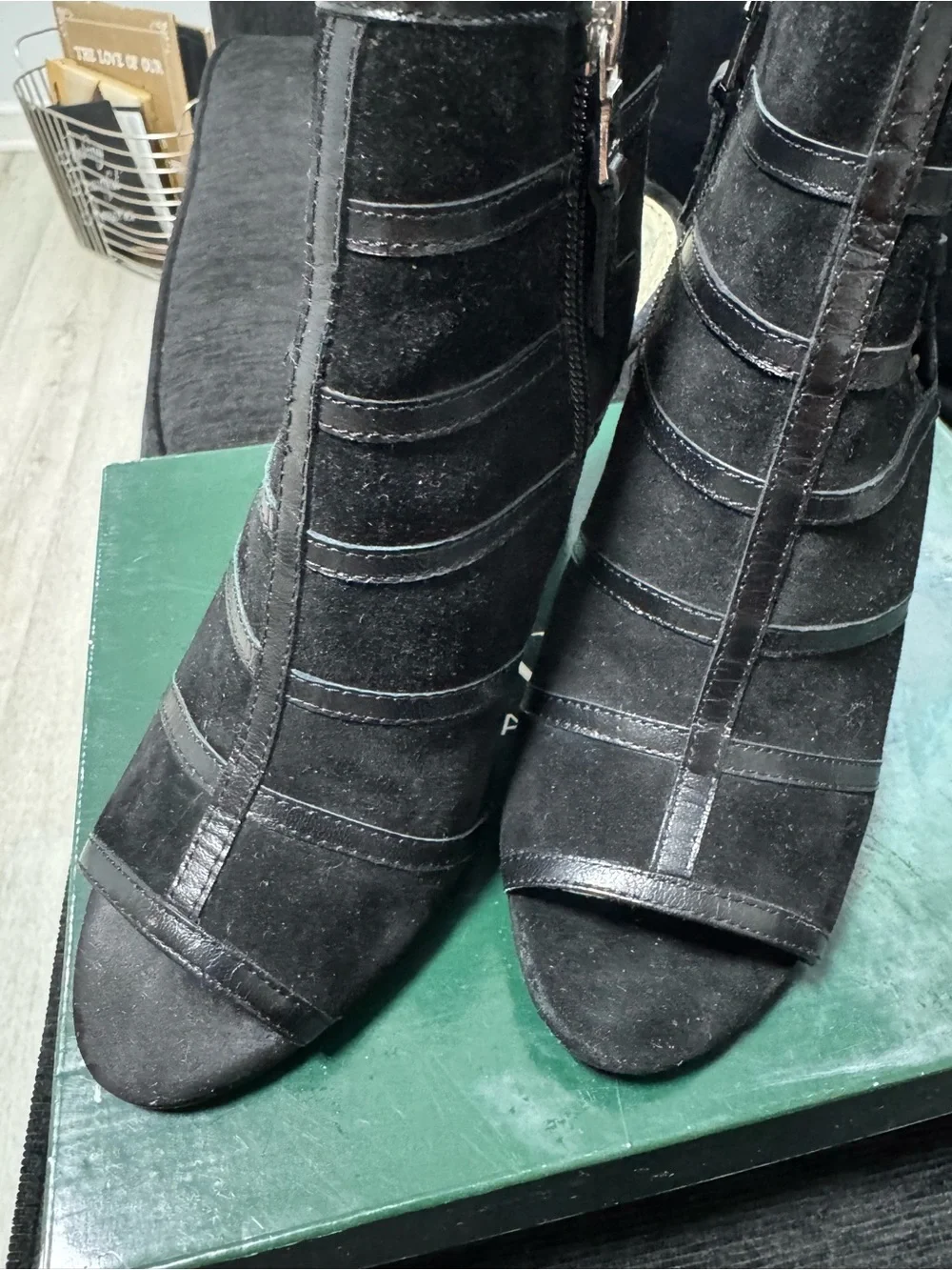 Lauren Ralph Lauren Black Suede Peep-Toe Lace-Back Booties